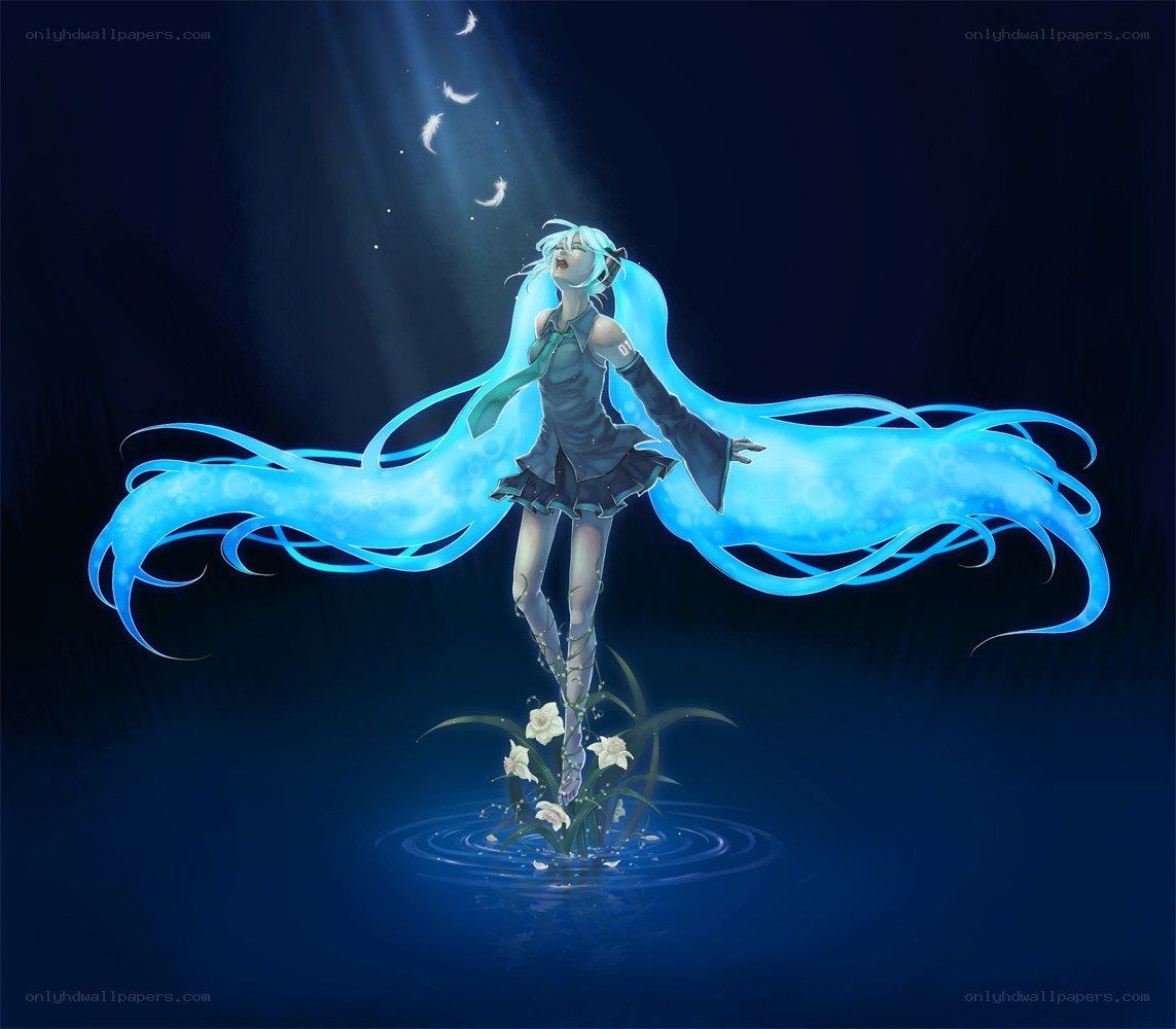 blue-haired character in water