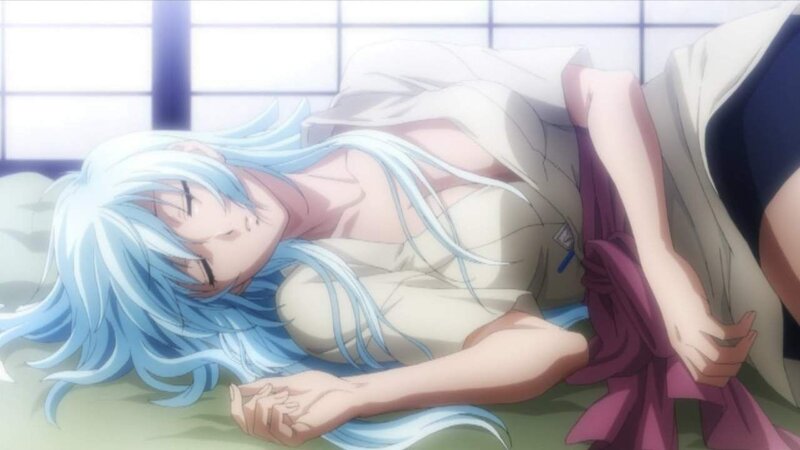 blue-haired character lying down