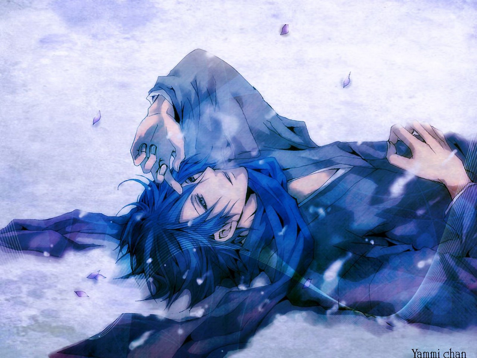 blue-haired character lying in snow