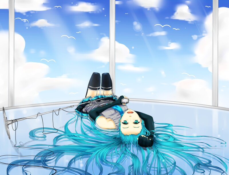 Blue-haired character lying on floor