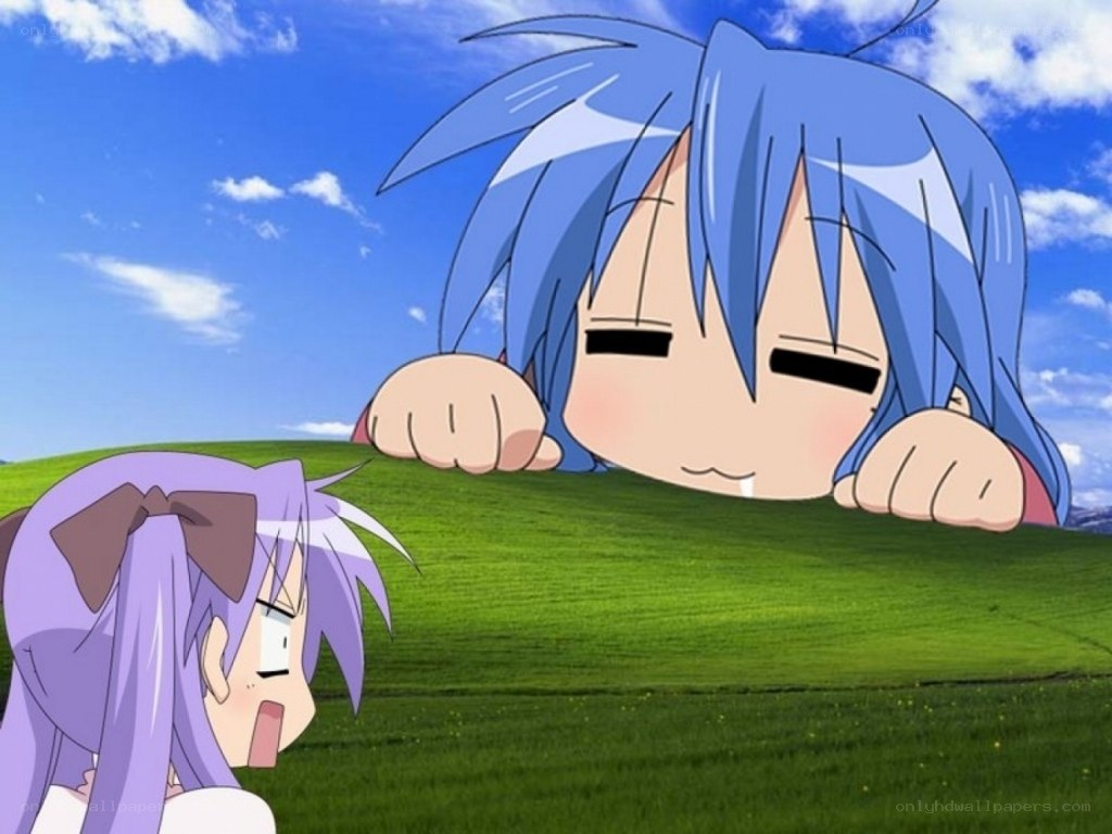 Blue-haired character on a hill