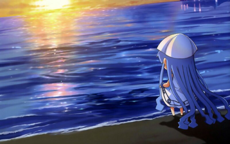 Blue-haired Character on Beach