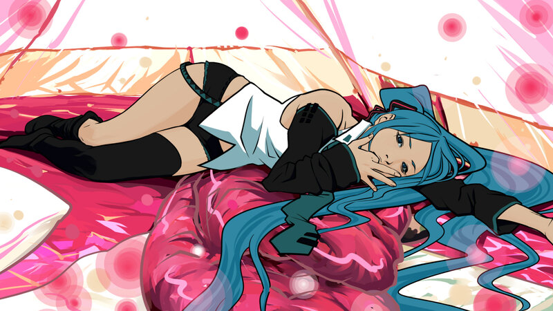 blue-haired character on bed