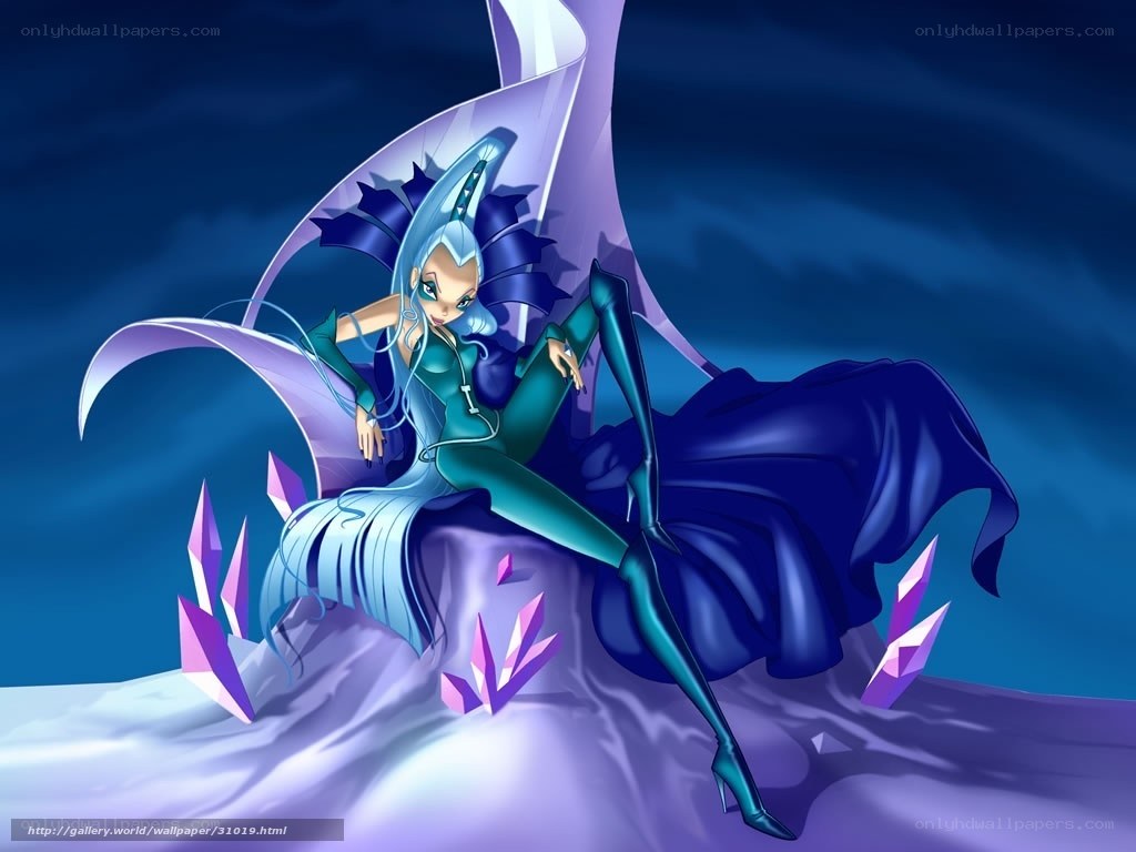 blue-haired character on crystal throne
