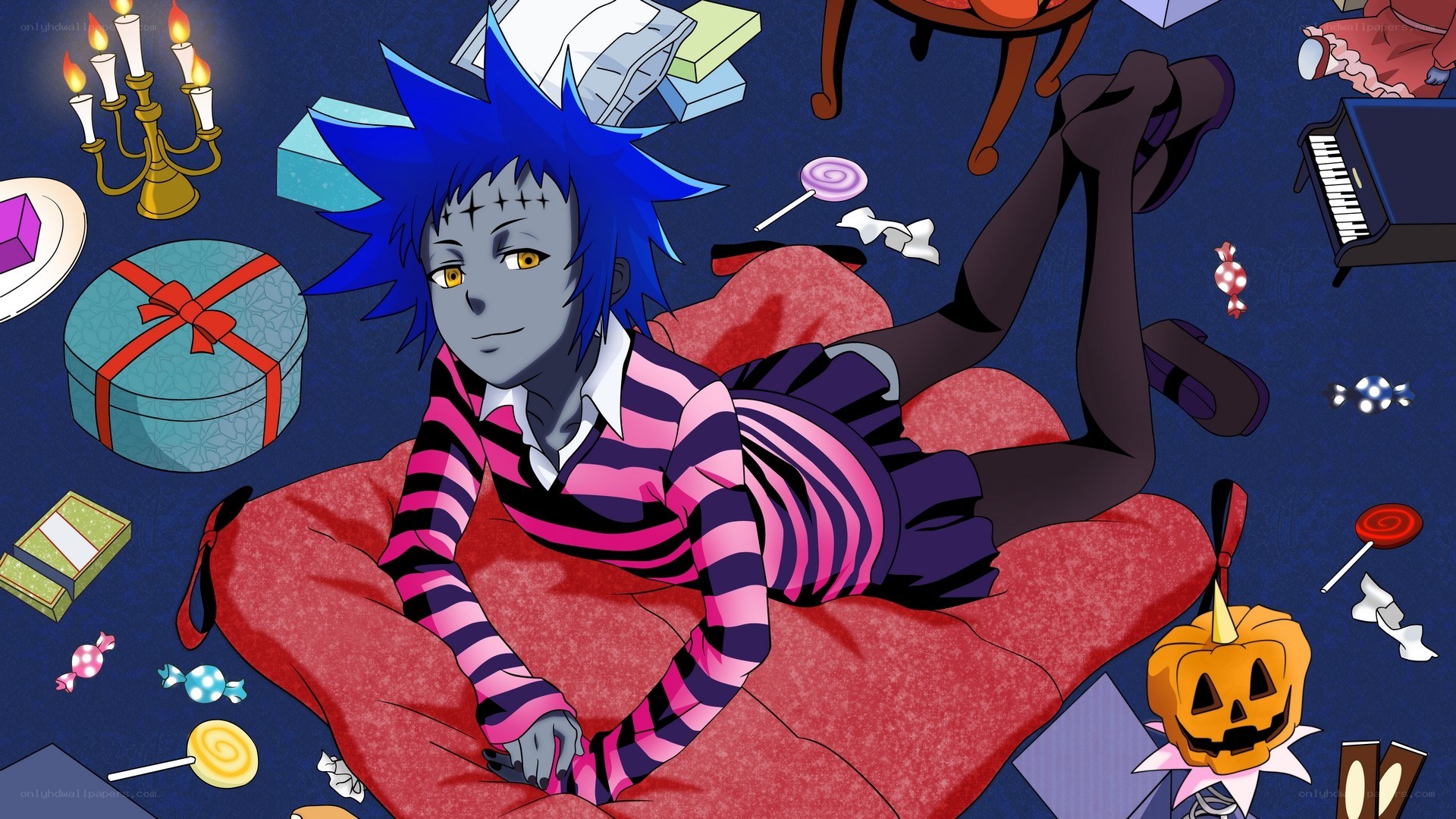 blue-haired character on red cushion