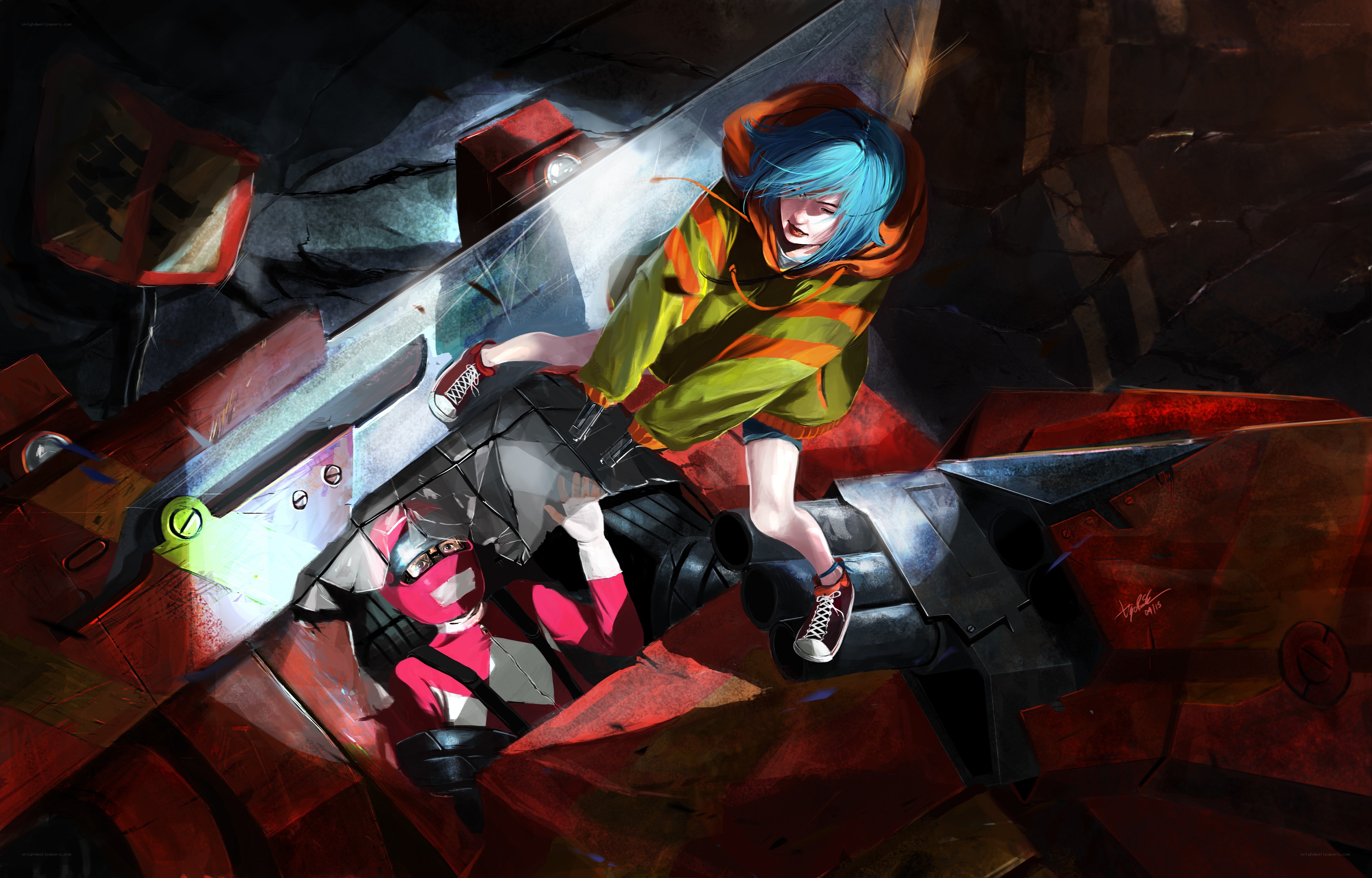 Blue-haired character on wreckage