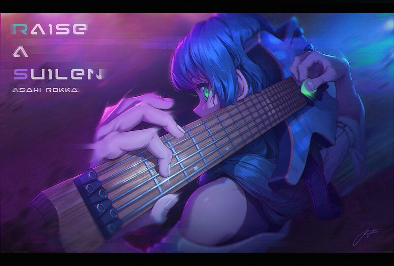Blue-haired Character Playing Guitar — Purple, Dramatic