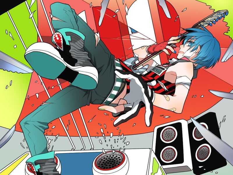 Blue-haired Character Playing Guitar — Red, Chaotic