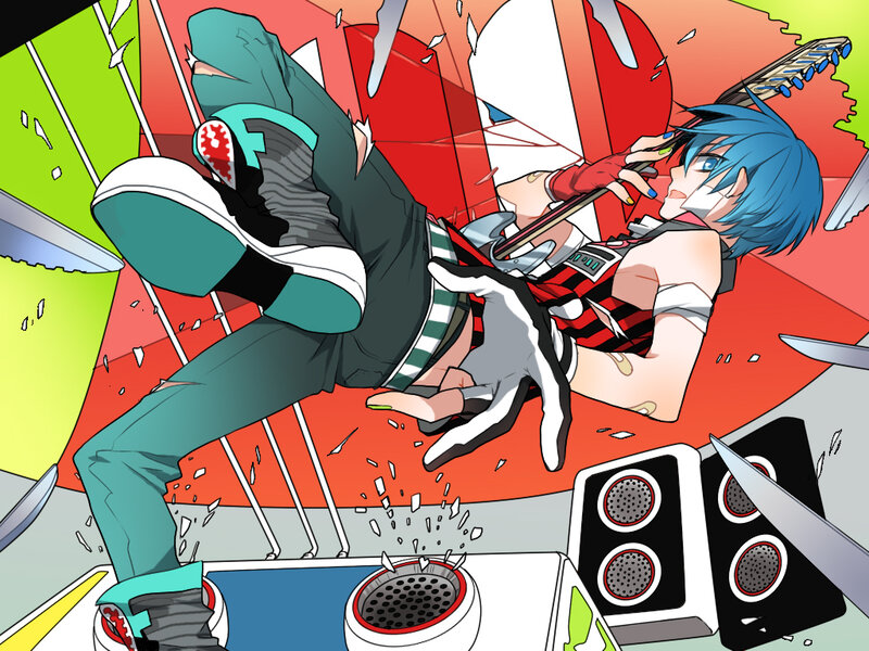 Blue-haired Character Playing Guitar — Red