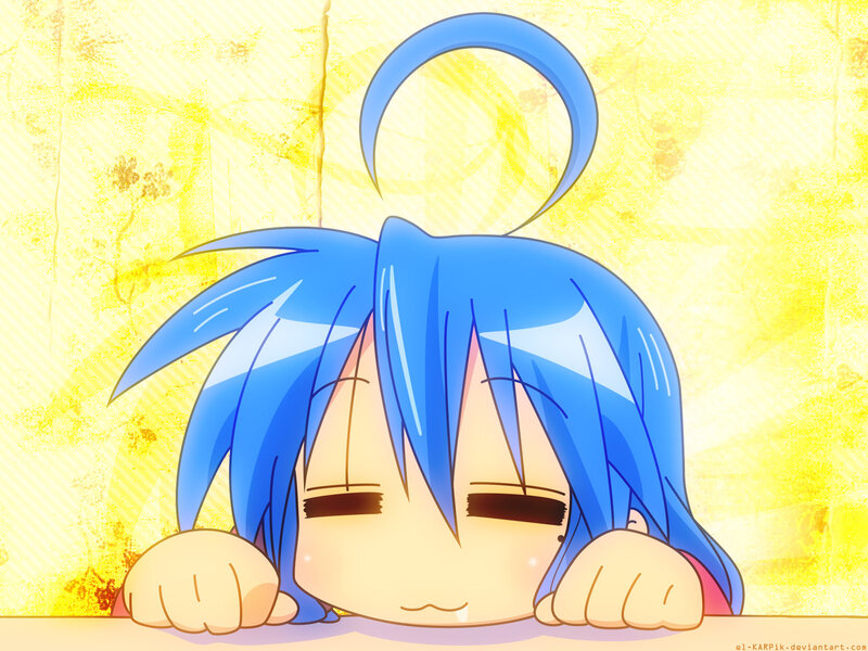 blue-haired character resting
