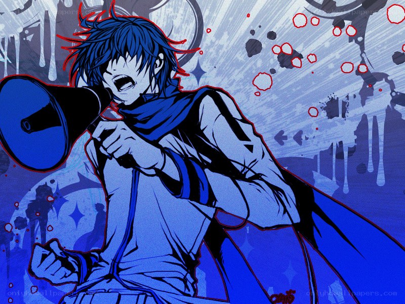 blue-haired character shouting into megaphone