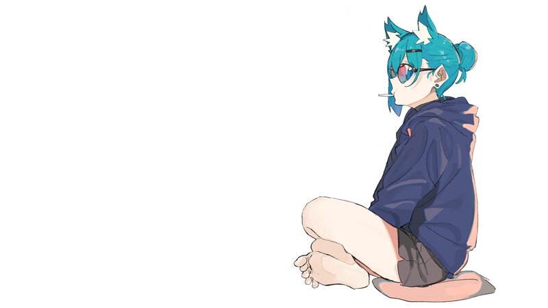 Blue-haired Character Sitting — Blue, Neutral