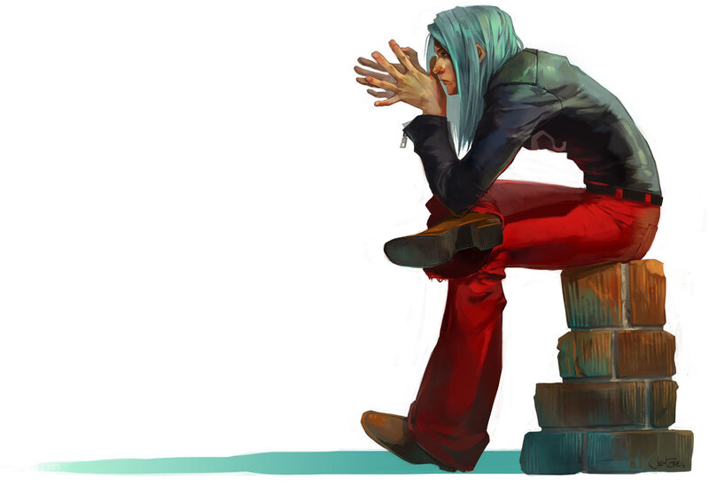 blue-haired character sitting on bricks