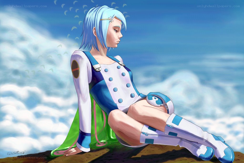 blue-haired character sitting on cliff