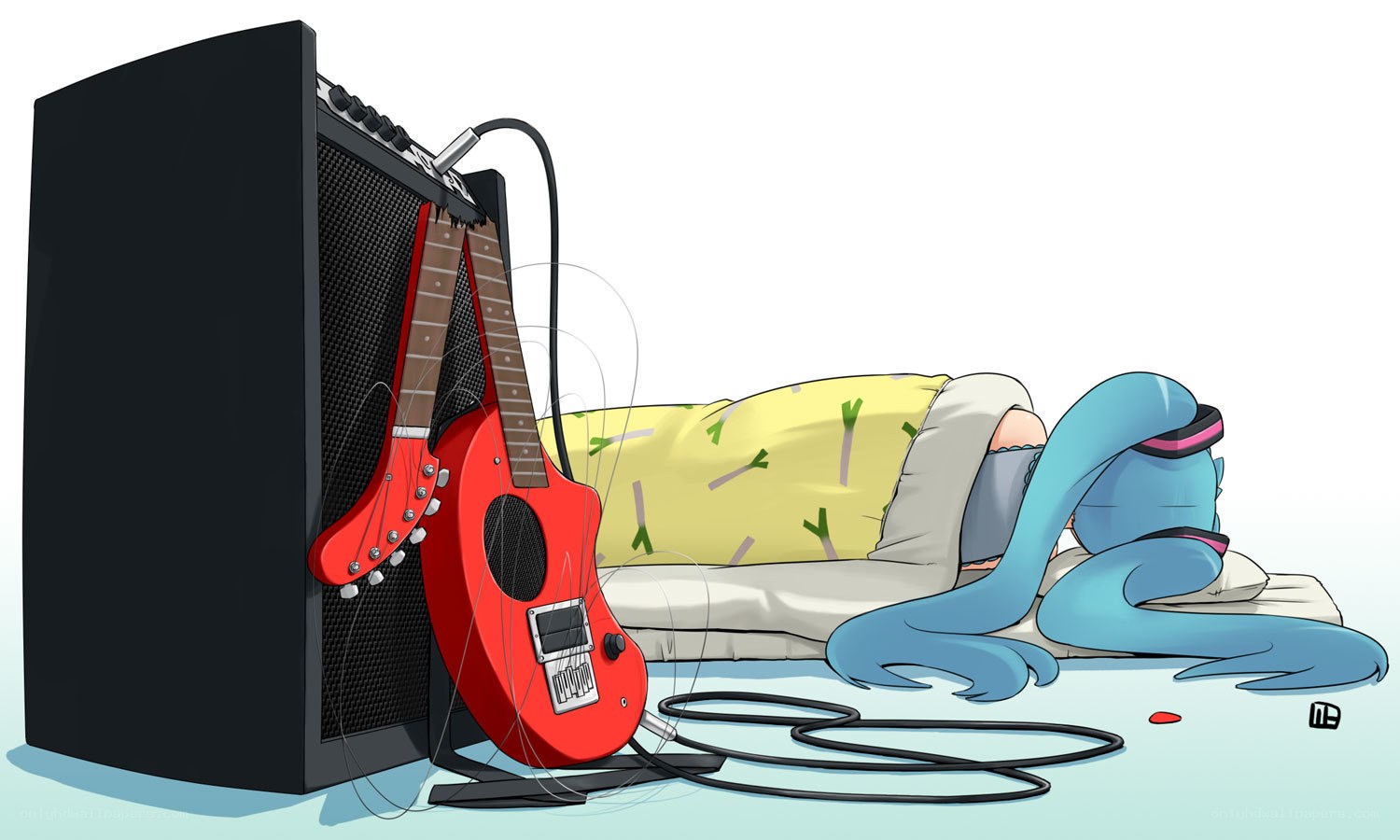 Blue-haired character sleeping with guitar