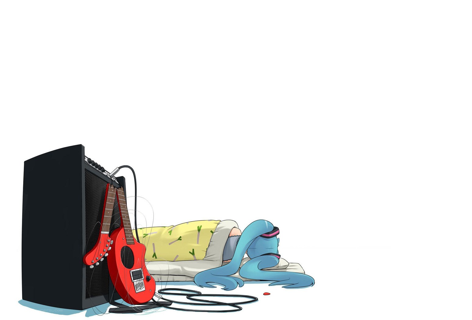 Blue-haired character sleeping with guitar