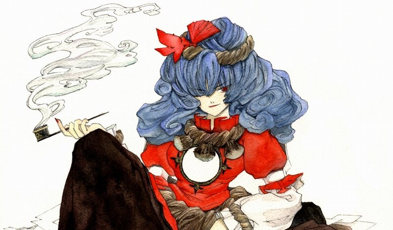 blue-haired character smoking