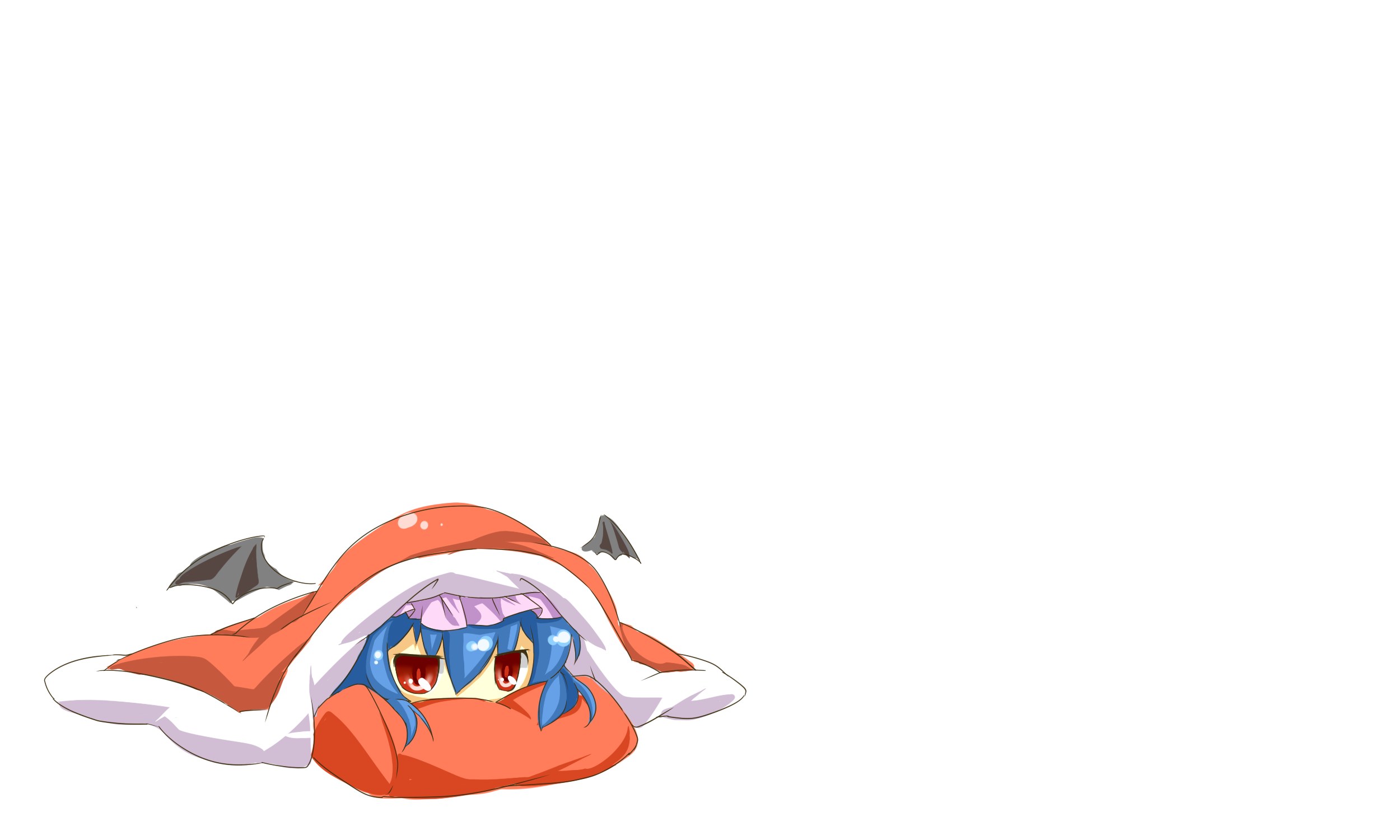 blue-haired character under blanket
