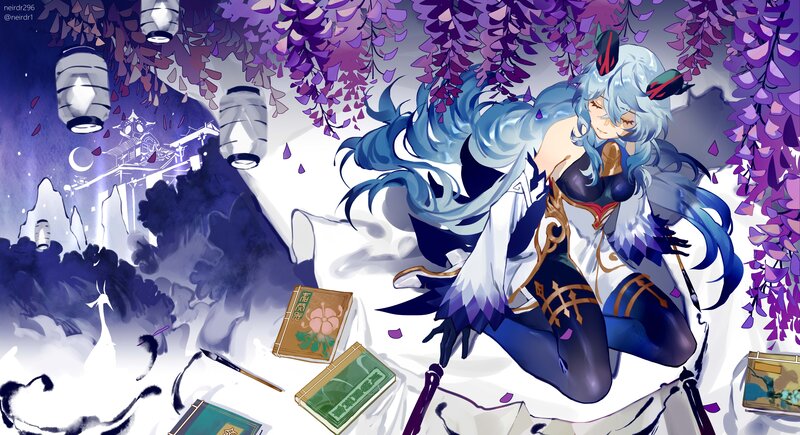 Blue-haired Character under Flowers
