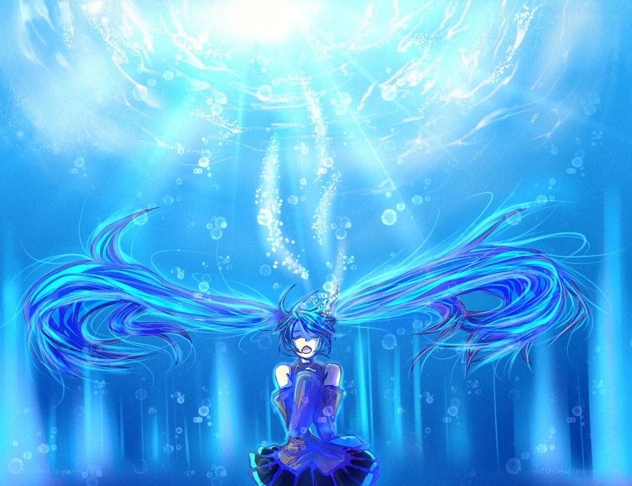 blue-haired character underwater