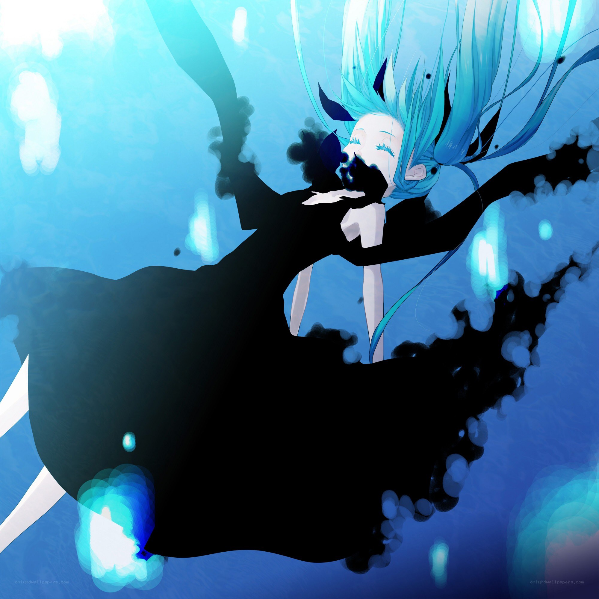 blue-haired character underwater