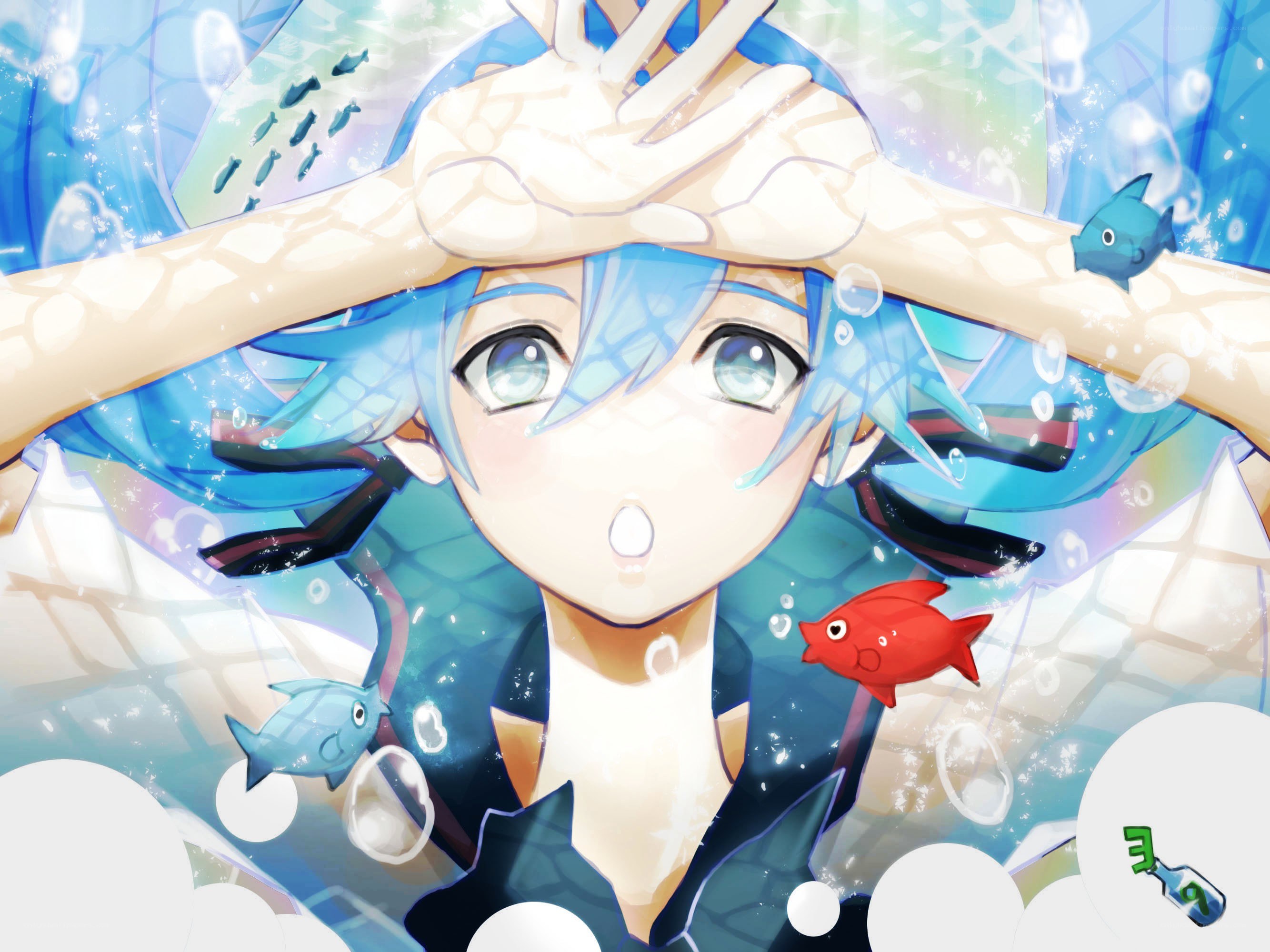 blue-haired character underwater