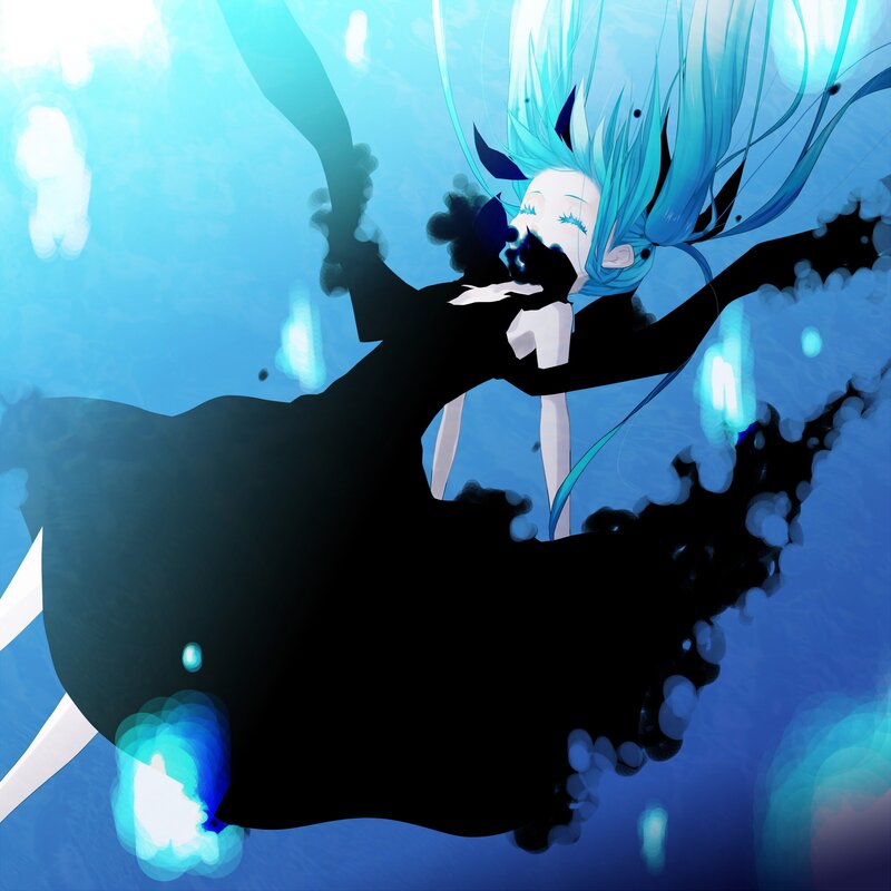 Blue-haired Character Underwater — Blue, Serene, Anime, Black Dress