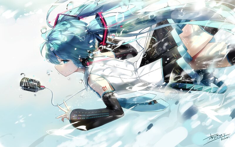 Blue-haired Character Underwater — Blue, Serene, Anime, Microphone