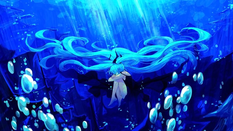 Blue-haired Character Underwater — Blue, Serene, Digital Art, Bubbles