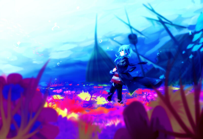 Blue-haired Character Underwater — Blue, Serene, Digital Art