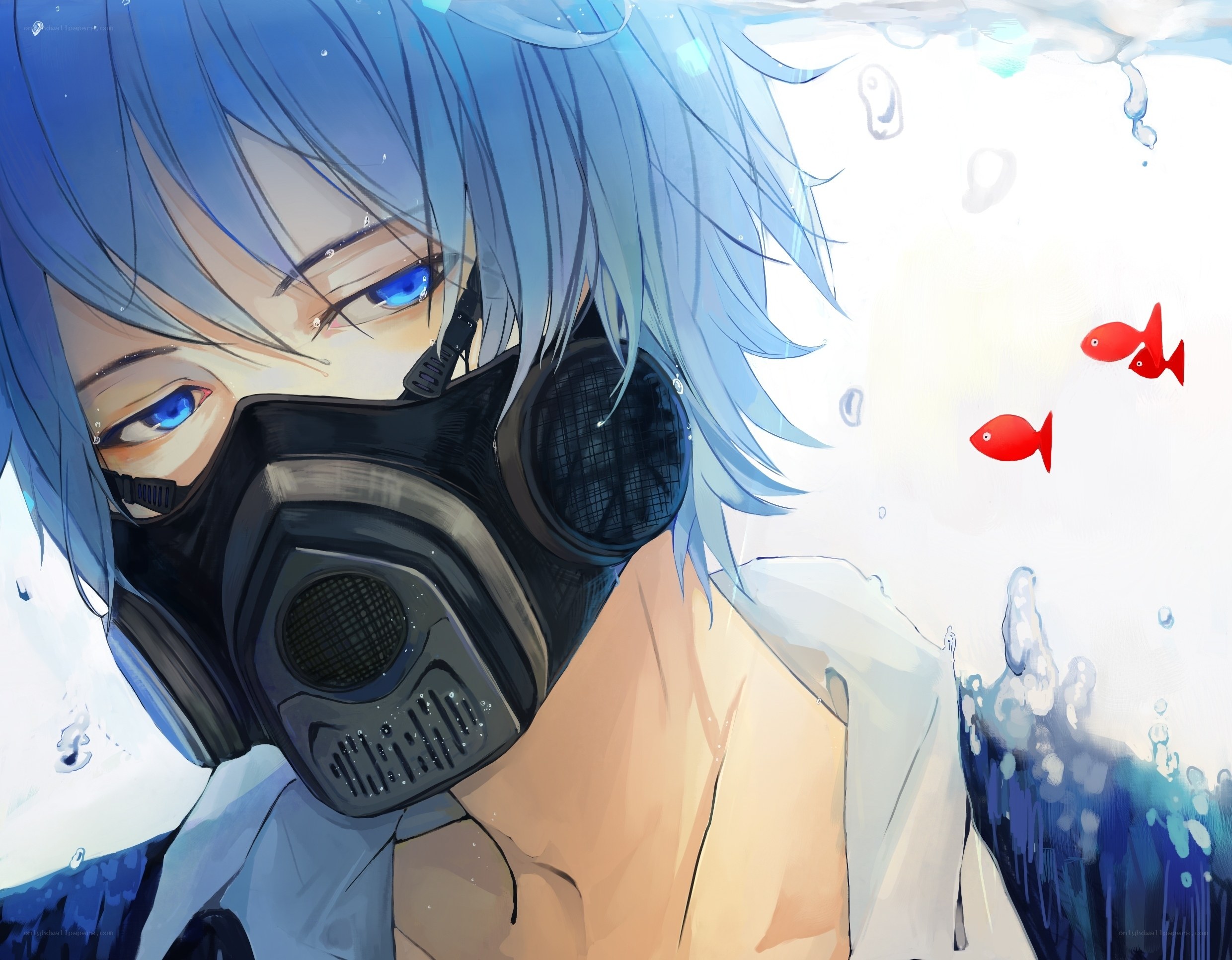 blue-haired character underwater