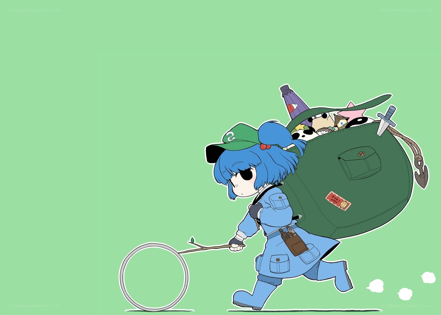 blue-haired character with backpack
