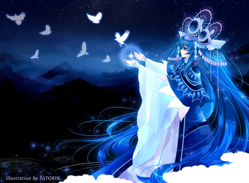 Blue-haired Character with Birds