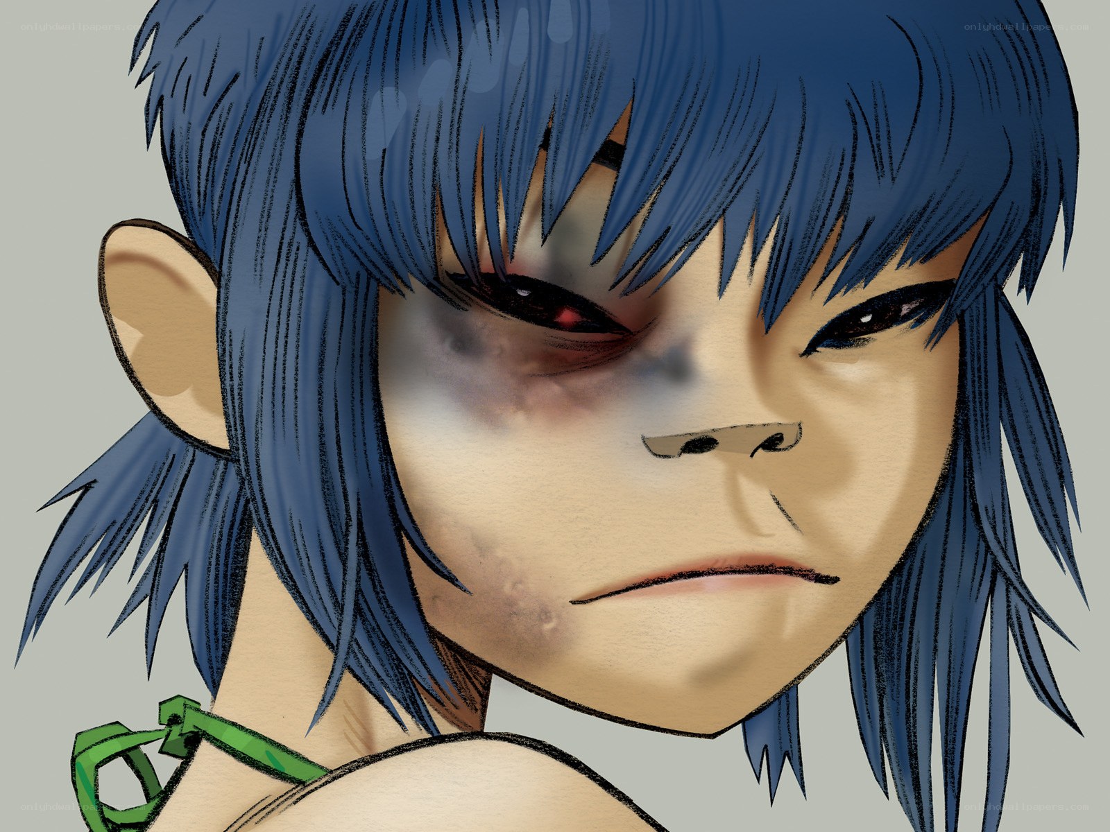 blue-haired character with bruised eye
