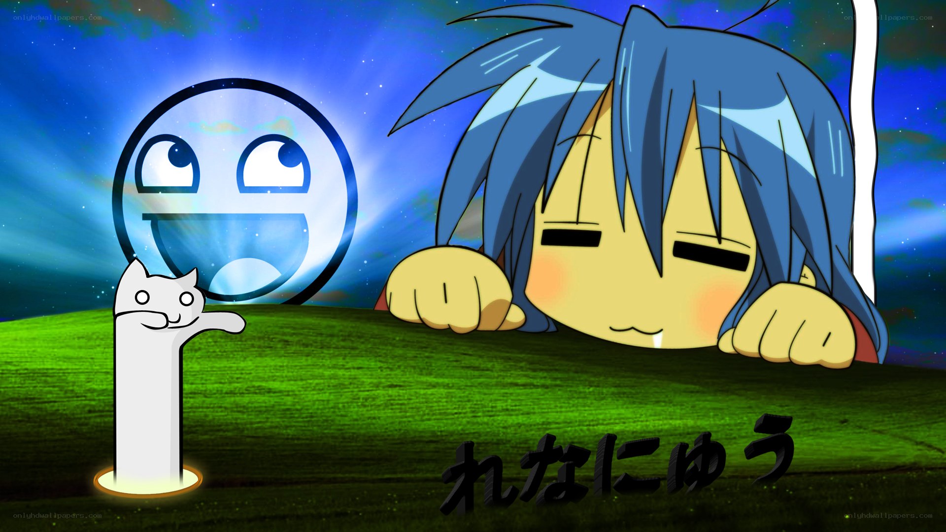 Blue-haired character with cat and smiley