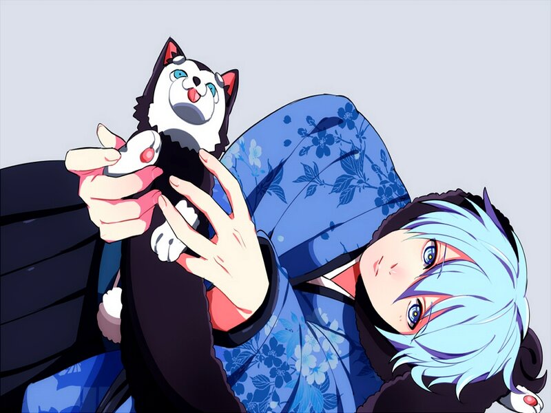 Blue-haired Character with Cat — Blue