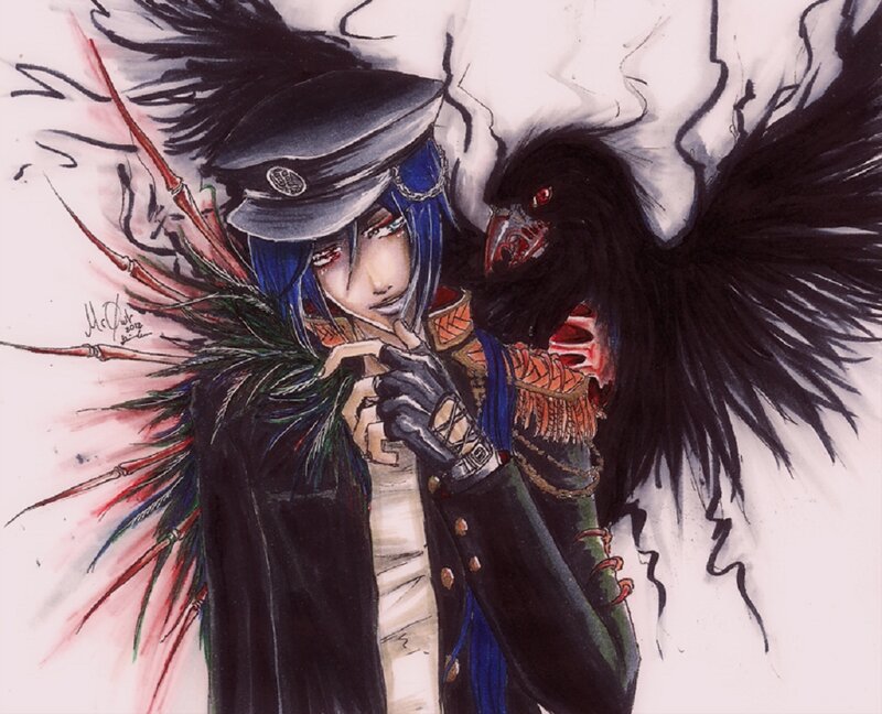 Blue-haired Character with Crow