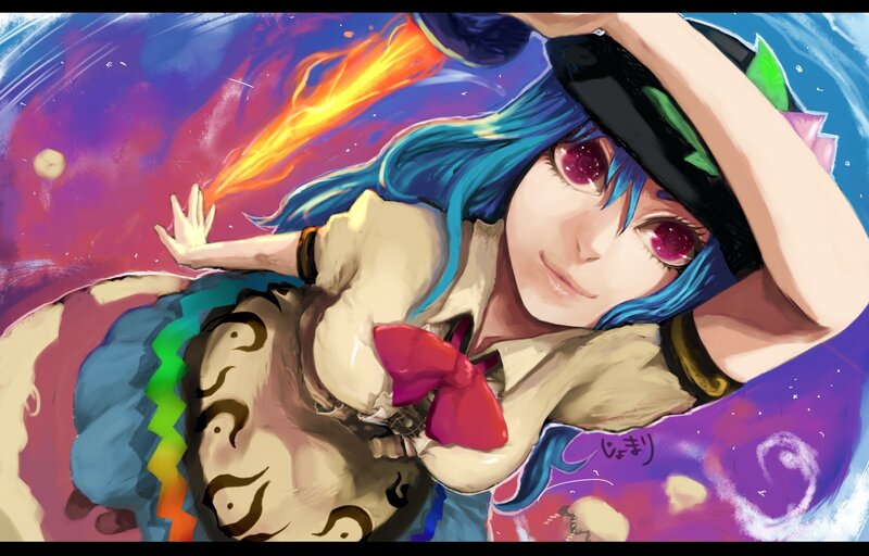 blue-haired character with fire