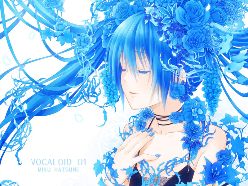 Blue-haired Character with Flowers — Blue, Serene