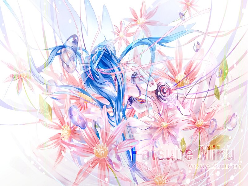 Blue-haired Character with Flowers — Pink, Dreamy