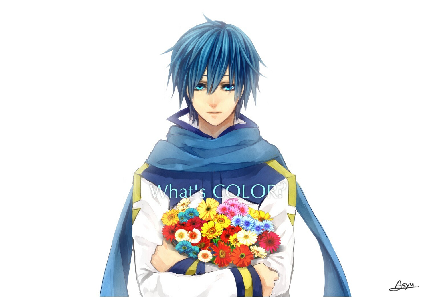Blue-haired character with flowers