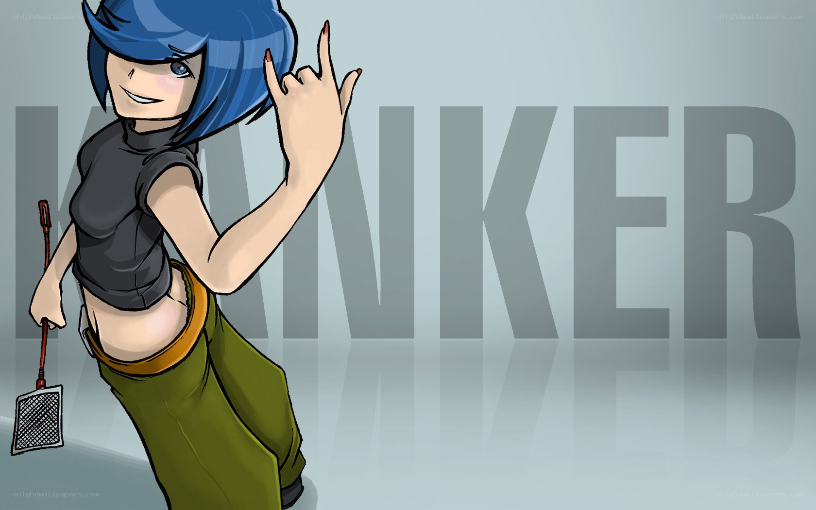 Blue-haired character with fly swatter
