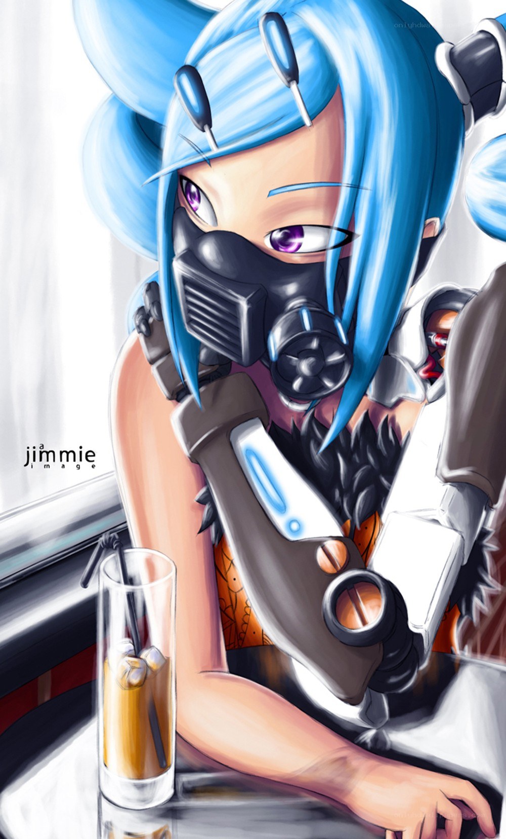 blue-haired character with gas mask