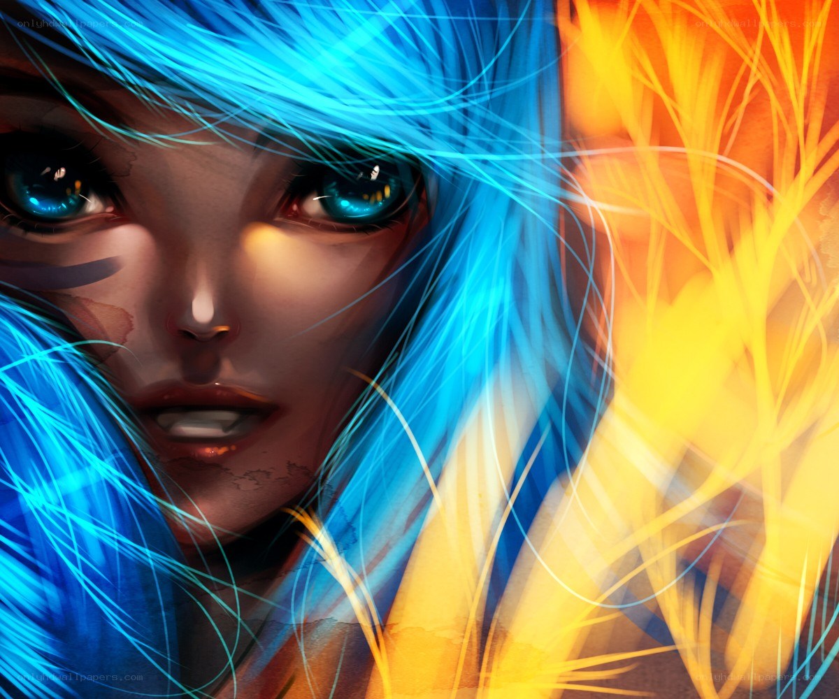 blue-haired character with glowing eyes