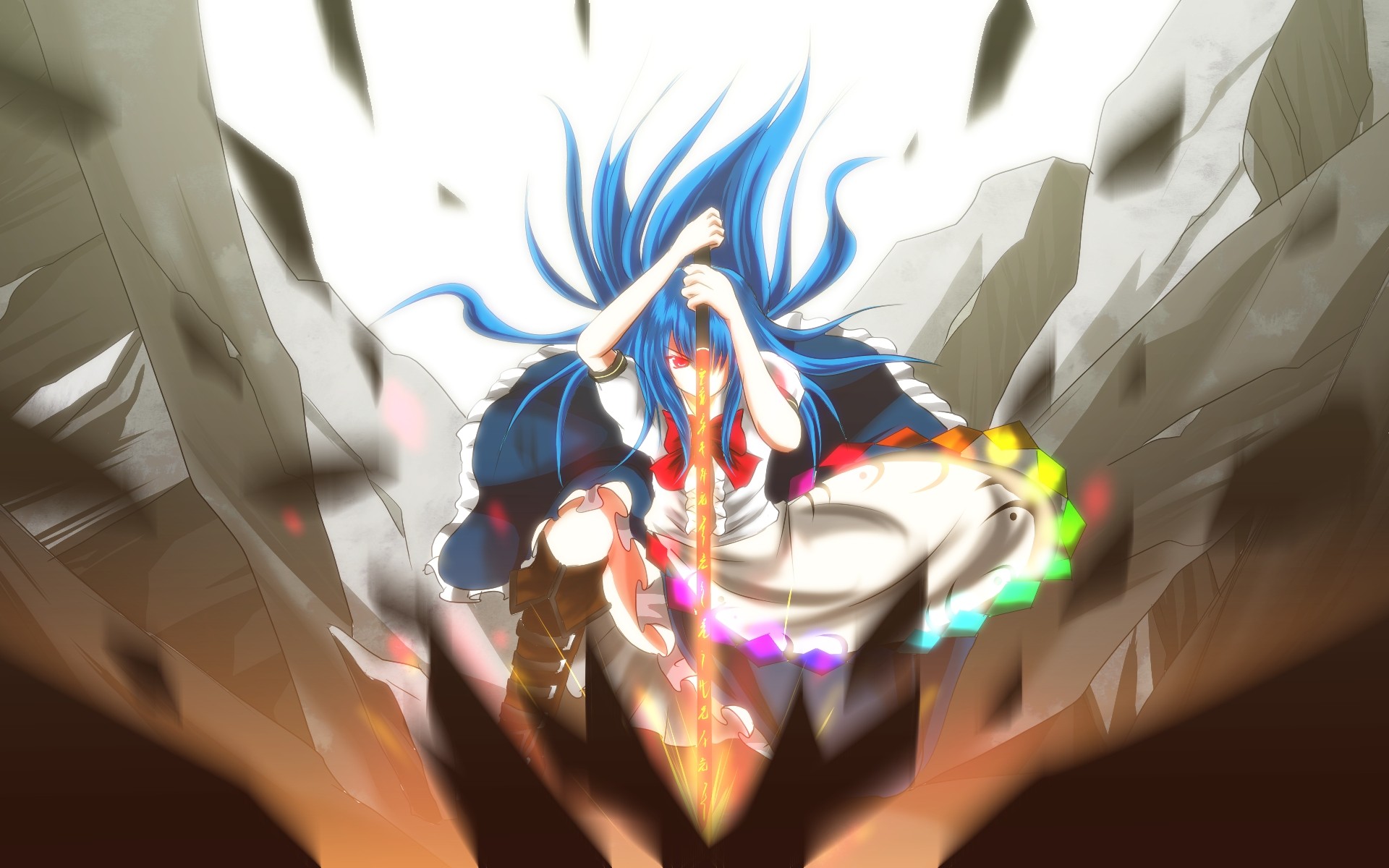 blue-haired character with glowing sword