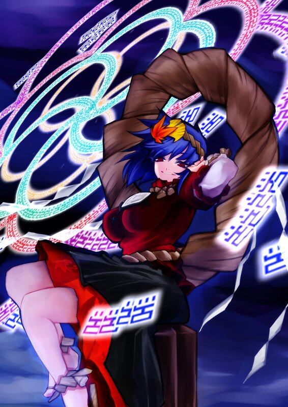 Blue-haired character with glowing symbols