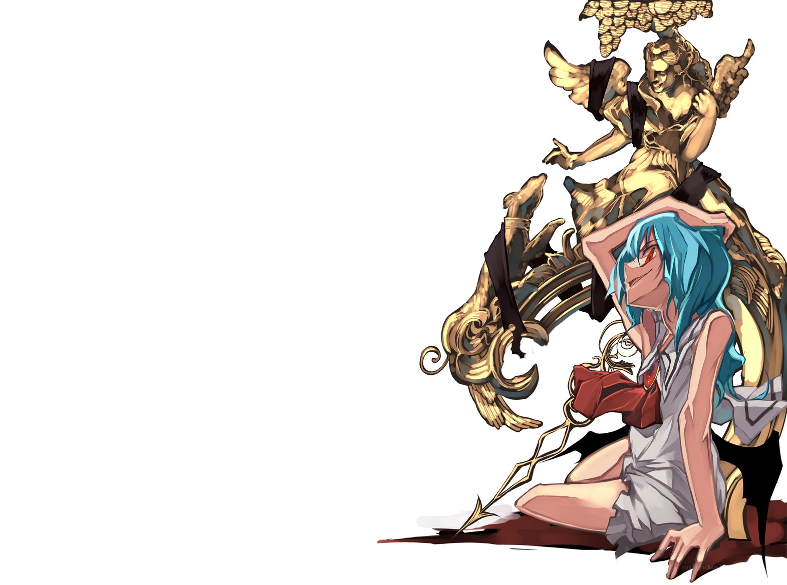 blue-haired character with golden statue