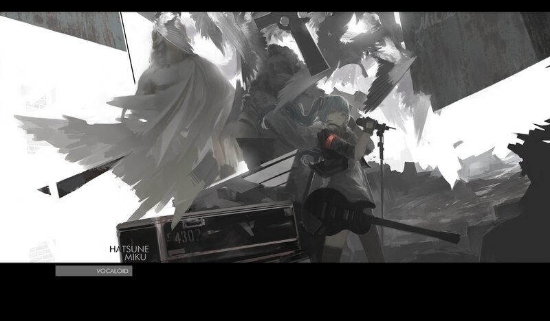 Blue-haired Character with Guitar — Black