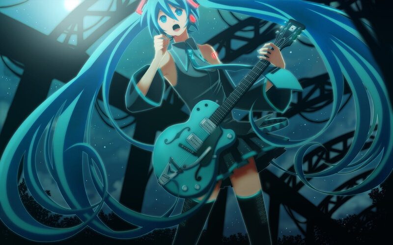 Blue-haired Character with Guitar — Blue, Dramatic, Night, Anime, Microphone