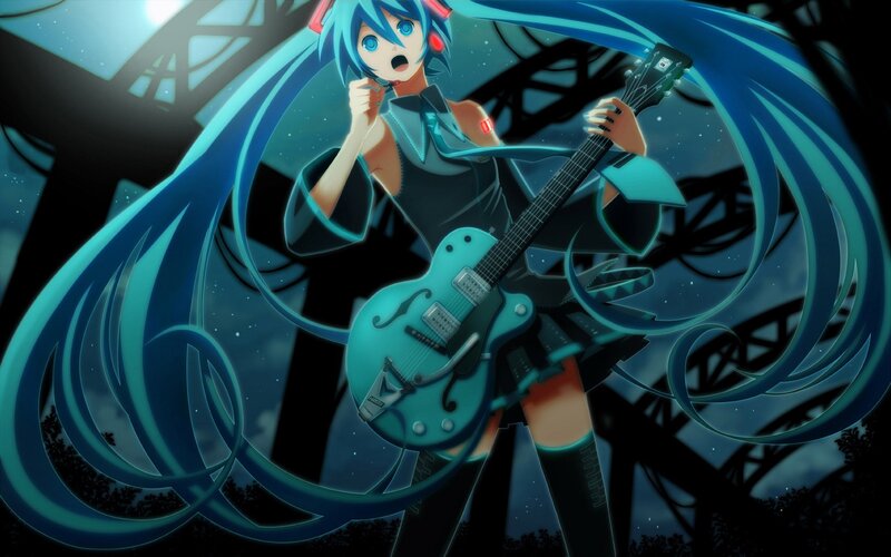 Blue-haired Character with Guitar — Blue, Dramatic, Night, Anime